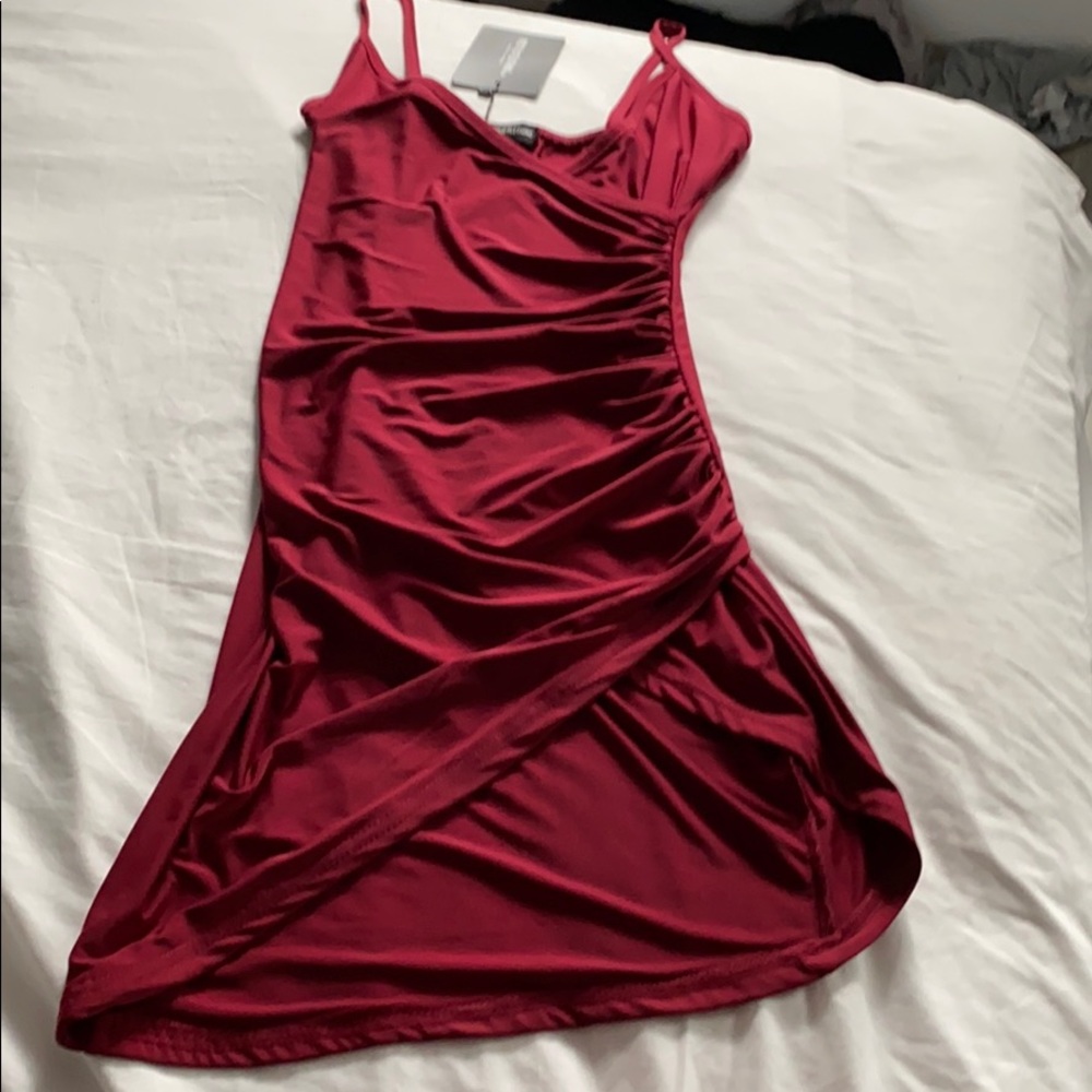 Burgundy spaghetti dress by Pretty Little Things